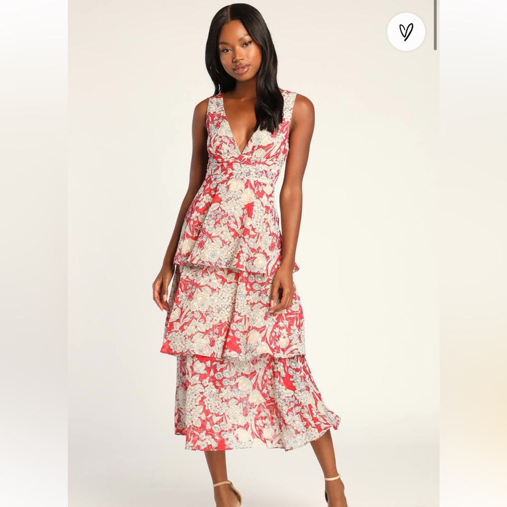 Lulu’s Tier Comes the Sun Red Floral Print Tiered Midi Dress